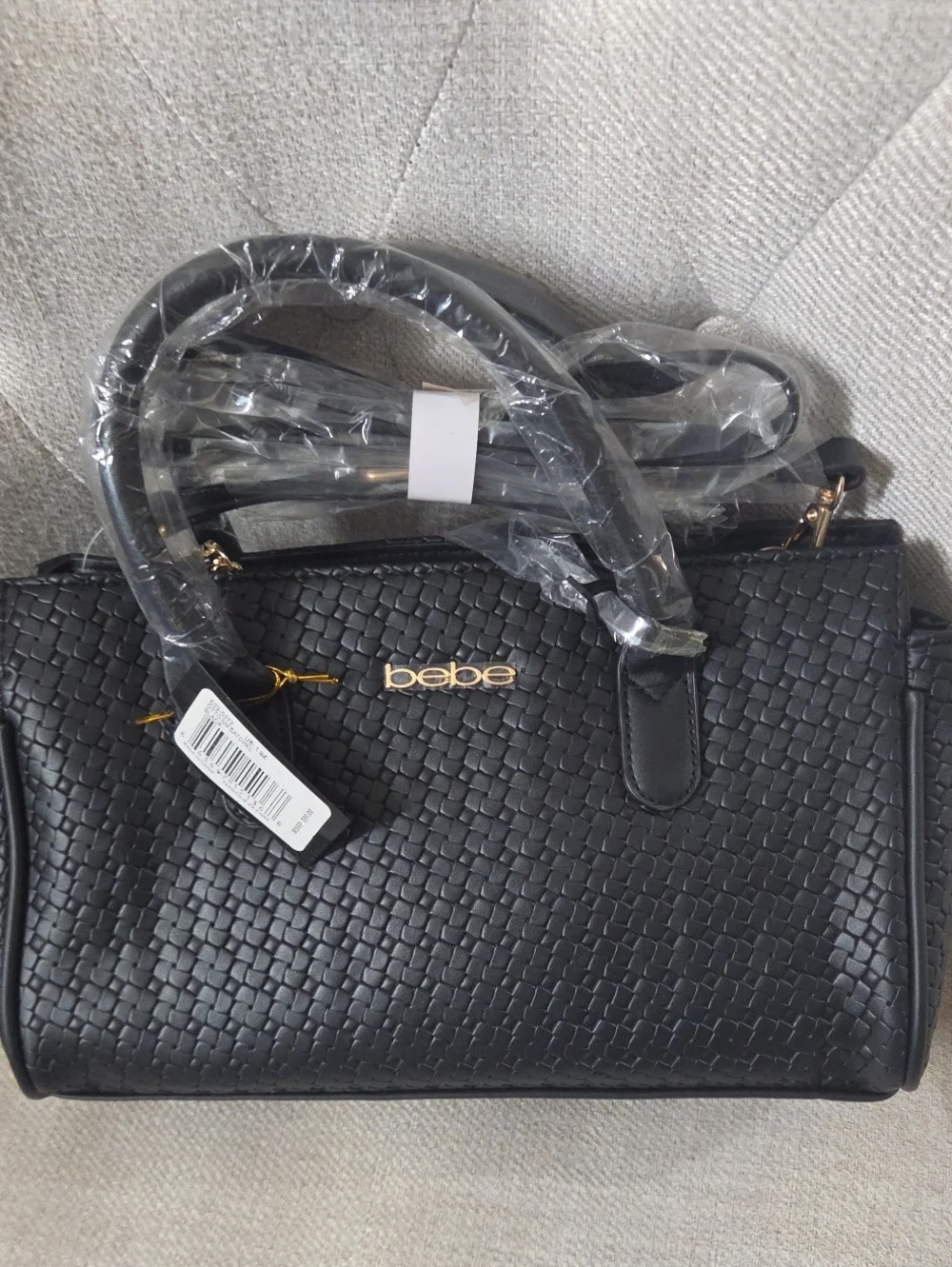 NWT bebe Black Woven Satchel with Gold Logo